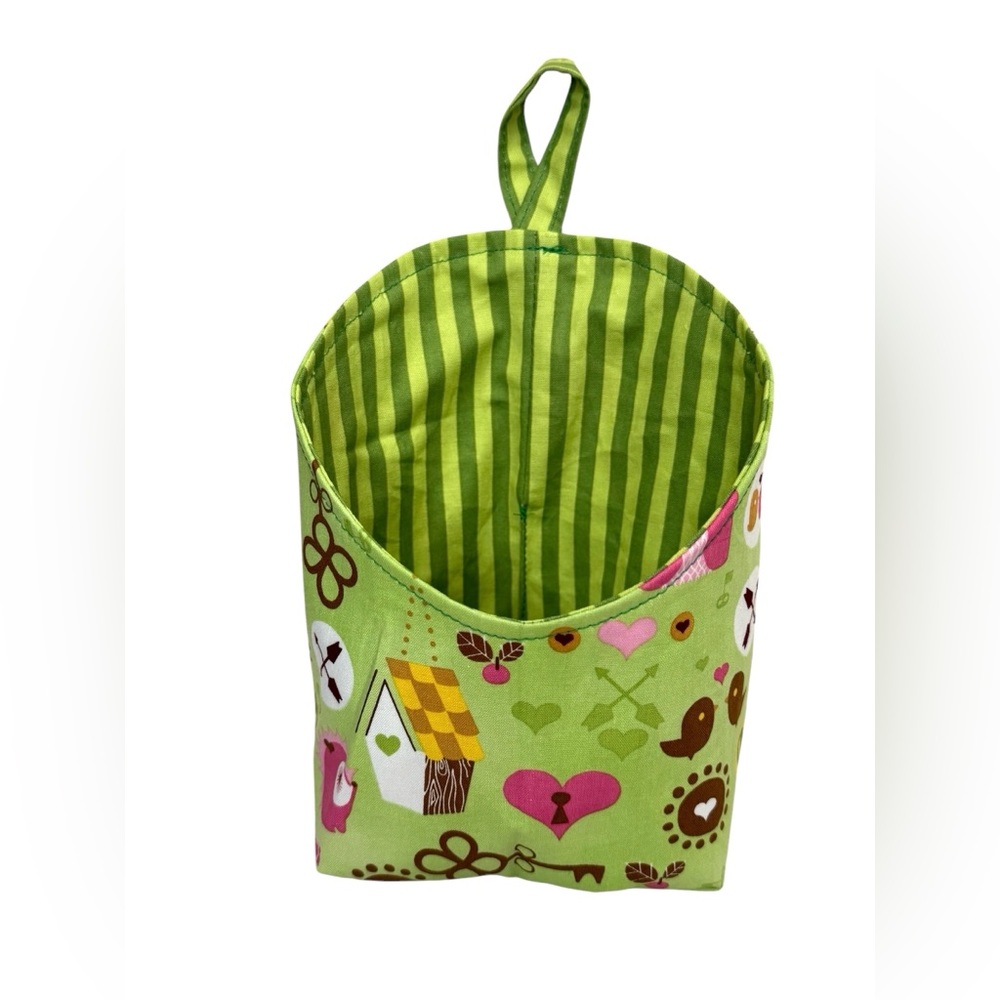 Fabric Storage Pod Birds Birdhouse Floral Green Multicolor New
